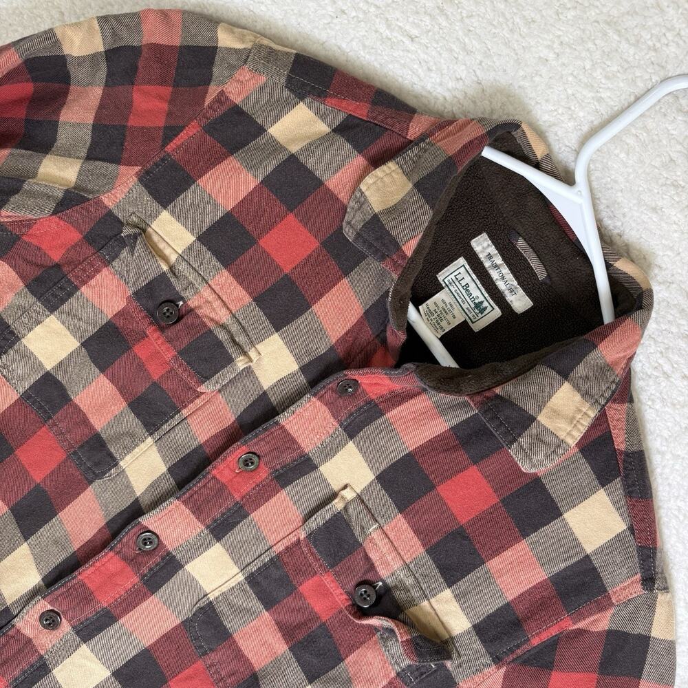 LL Bean Fleece Lined Plaid Flannel Shirt Mens Medium Traditional Fit Shacket